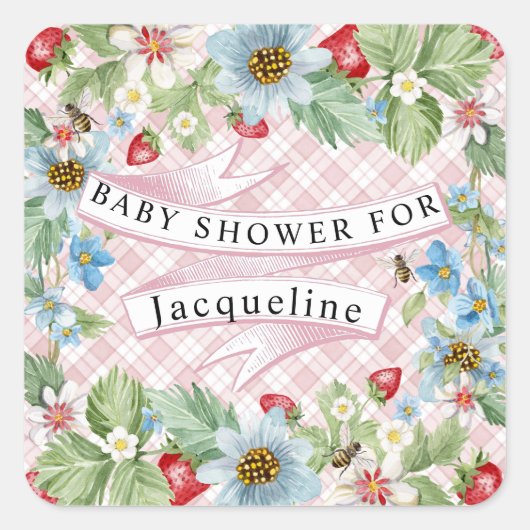 Blue Gingham Strawberry Berry Baby naar Bee Shower Vierkante Sticker (Voorkant)