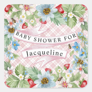 Blue Gingham Strawberry Berry Baby naar Bee Shower Vierkante Sticker
