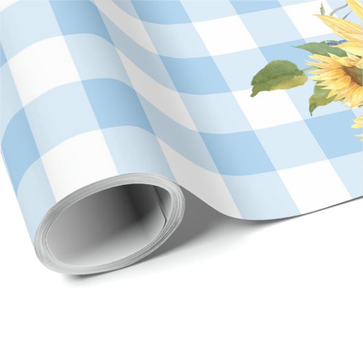 Blue Gingham Sunflower Baby shower Wrapping Paper Cadeaupapier (Rol Hoek)