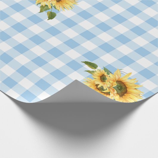 Blue Gingham Sunflower Baby shower Wrapping Paper Cadeaupapier (Hoek)