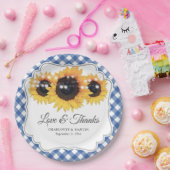 Blue Gingham Sunflower Love and Bedankt Wedding Papieren Bordje (Feest)