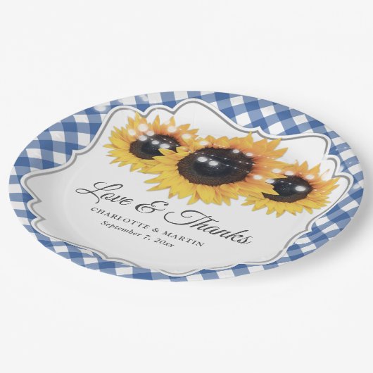 Blue Gingham Sunflower Love and Bedankt Wedding Papieren Bordje (Gekanteld)