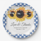 Blue Gingham Sunflower Love and Bedankt Wedding Papieren Bordje (Voorkant)
