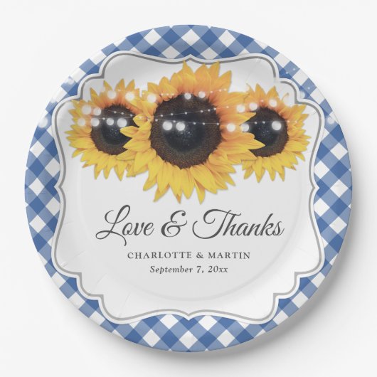 Blue Gingham Sunflower Love and Bedankt Wedding Papieren Bordje (Voorkant)
