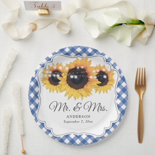Blue Gingham Sunflower Mr en Mrs Wedding Papieren Bordje (Huwelijk)