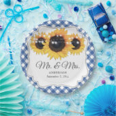 Blue Gingham Sunflower Mr en Mrs Wedding Papieren Bordje (Feest)