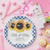 Blue Gingham Sunflower Mr en Mrs Wedding Papieren Bordje (Feest)