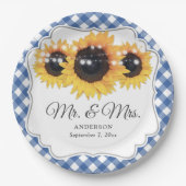 Blue Gingham Sunflower Mr en Mrs Wedding Papieren Bordje (Voorkant)