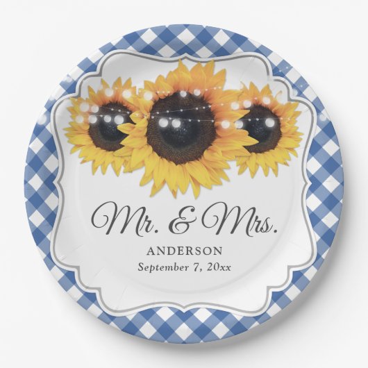Blue Gingham Sunflower Mr en Mrs Wedding Papieren Bordje (Voorkant)