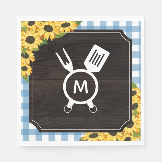 Blue Gingham & Sunflower Rustic Monogrammed BBQ Servet (Voorkant)