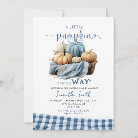 Blue Gingham Sweet Pumpkin Baby shower Kaart (Voorkant)