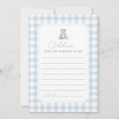 Blue Gingham Teddy Bear Baby Shower Advice Card Kaart (Voorkant)