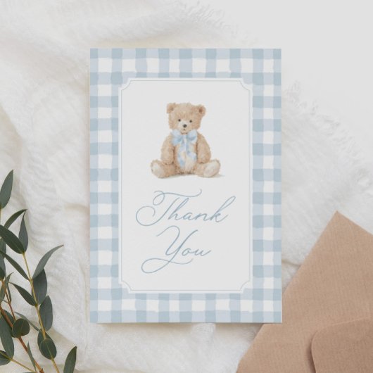 Blue Gingham Teddy Bear Baby Shower Bedankkaart