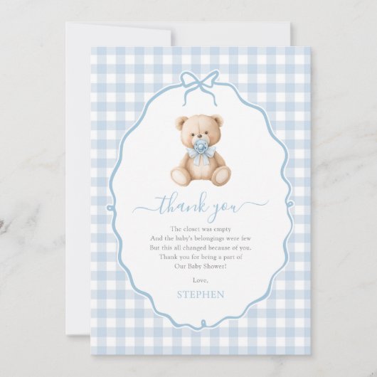 Blue Gingham Teddy Bear-Baby shower Bedankkaart (Voorkant)