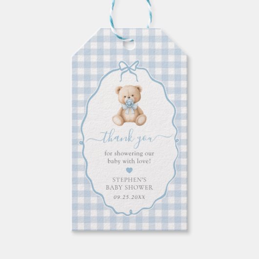 Blue Gingham Teddy Bear-Baby shower Cadeaulabel (Voorkant)