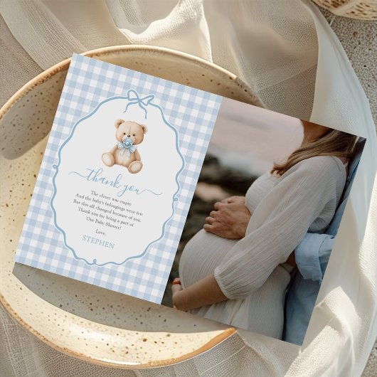 Blue Gingham Teddy Bear Baby shower Foto Bedankkaart