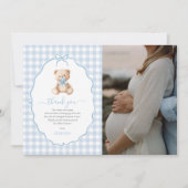 Blue Gingham Teddy Bear Baby shower Foto Bedankkaart (Voorkant)