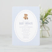 Blue Gingham Teddy Bear Baby Shower Invitation Aankondiging (Staand voorkant)