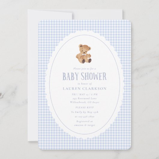 Blue Gingham Teddy Bear Baby Shower Invitation Aankondiging (Voorkant)