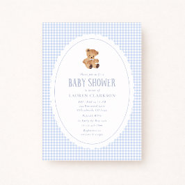 Blue Gingham Teddy Bear Baby Shower Invitation Aankondiging