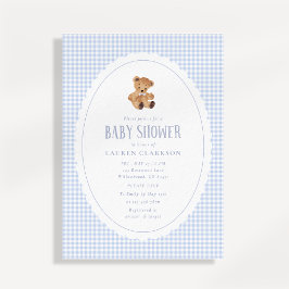 Blue Gingham Teddy Bear Baby Shower Invitation Aankondiging