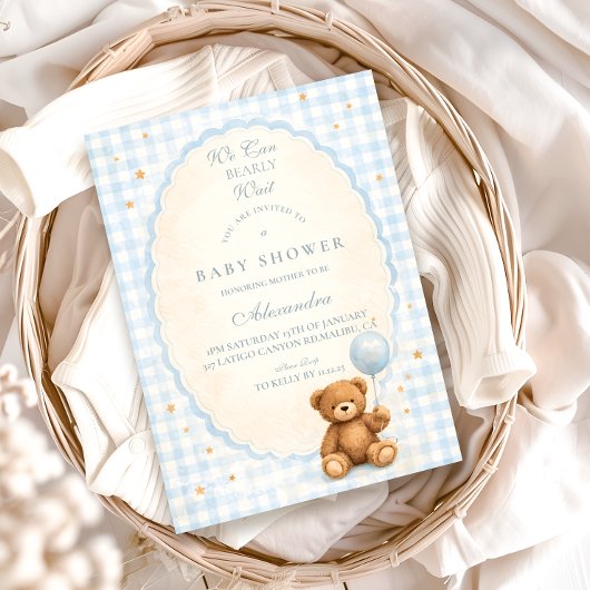 Blue Gingham Teddy Bear Baby Shower Kaart