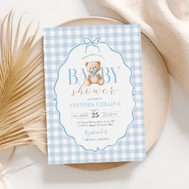 Blue Gingham Teddy Bear-Baby shower Kaart