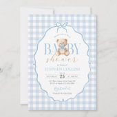 Blue Gingham Teddy Bear-Baby shower Kaart (Voorkant)