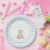 Blue Gingham Teddy Bear Baby Shower Papieren Bordje (Feest)