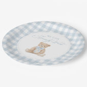 Blue Gingham Teddy Bear Baby Shower Papieren Bordje (Gekanteld)