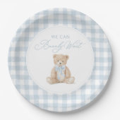 Blue Gingham Teddy Bear Baby Shower Papieren Bordje (Voorkant)