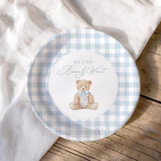 Blue Gingham Teddy Bear Baby Shower Papieren Bordje