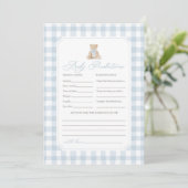 Blue Gingham Teddy Bear Baby Shower Predictions Kaart (Staand voorkant)