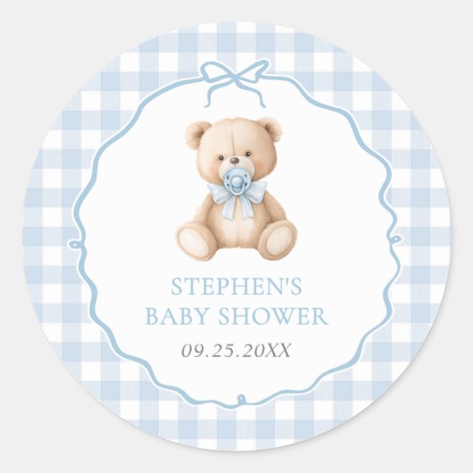 Blue Gingham Teddy Bear-Baby shower Ronde Sticker (Voorkant)