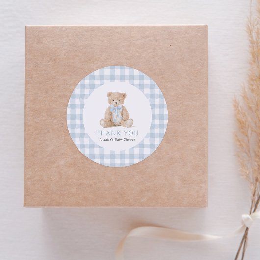 Blue Gingham Teddy Bear Baby Shower Ronde Sticker