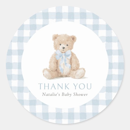 Blue Gingham Teddy Bear Baby Shower Ronde Sticker (Voorkant)
