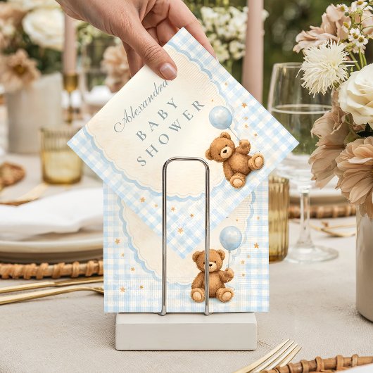 Blue Gingham Teddy Bear Baby Shower Servet