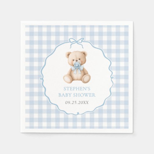 Blue Gingham Teddy Bear-Baby shower Servet (Voorkant)
