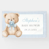 Blue Gingham Teddy Bear-Baby shower Spandoek (Horizontaal)