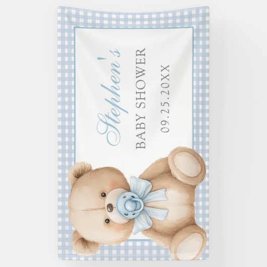 Blue Gingham Teddy Bear-Baby shower Spandoek (Verticaal)