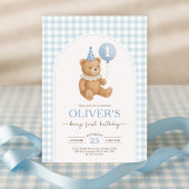 Blue Gingham Teddy Bear Balloon Boy 1st Birthday Kaart