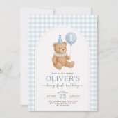 Blue Gingham Teddy Bear Balloon Boy 1st Birthday Kaart (Voorkant)