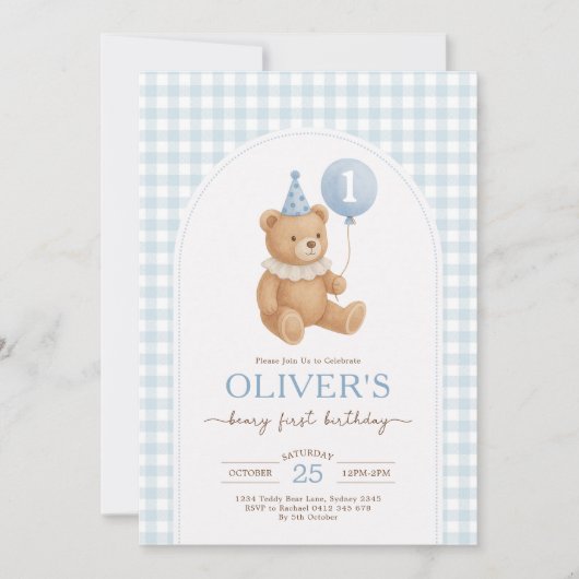 Blue Gingham Teddy Bear Balloon Boy 1st Birthday Kaart (Voorkant)