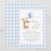 Blue Gingham Teddy Bear Balloon Boy 1st Birthday Kaart (Voorkant / Achterkant)