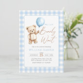 Blue Gingham Teddy Bear Balloon Boy Baby Shower Kaart (Staand voorkant)