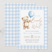 Blue Gingham Teddy Bear Balloon Boy Baby Shower Kaart (Voorkant / Achterkant)