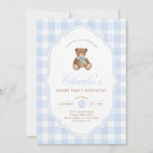 Blue Gingham Teddy Bear Beary First Birthday Kaart (Voorkant)