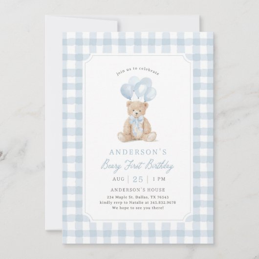 Blue Gingham Teddy Bear Beary First Birthday Kaart (Voorkant)