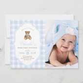 Blue Gingham Teddy Bear Beary First Birthday Photo Kaart (Voorkant)