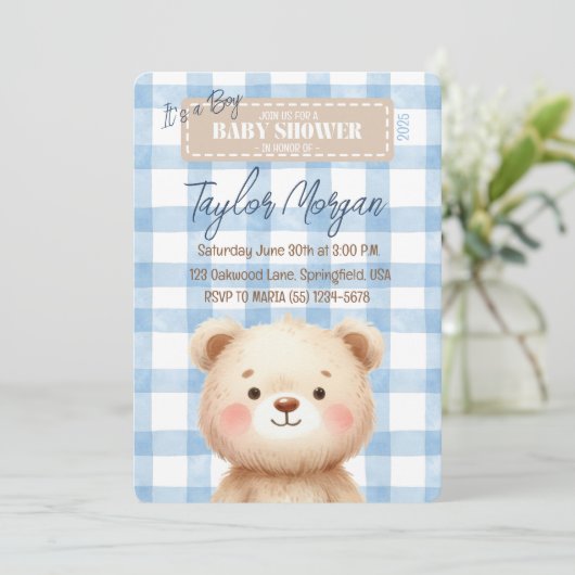 Blue Gingham Teddy Bear Kaart (Staand voorkant)